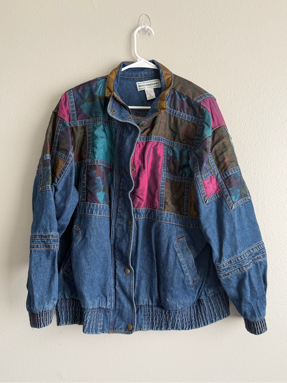 Westbound Patchwork Denim Bomber Jacket in Blue, Pink, Teal, Brown